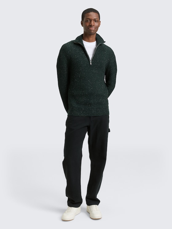Knitted zip-neck jumper in nepped yarn by Denim Male, green colorful neps