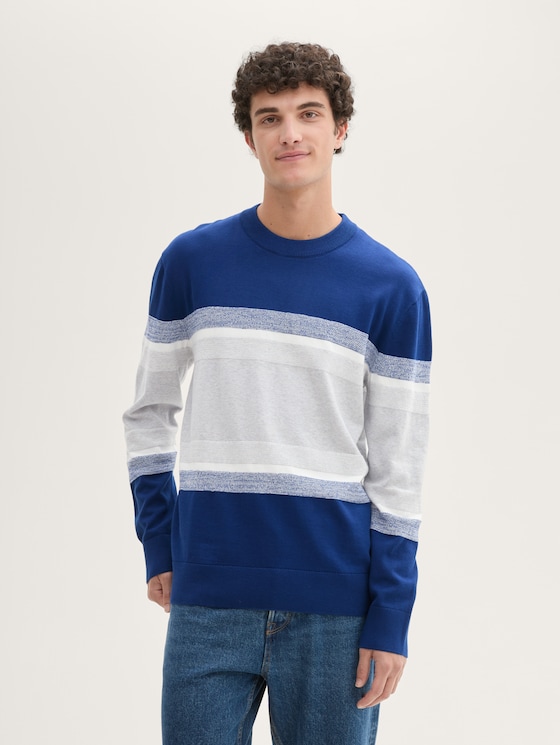 Knitted sweater with block stripes by Denim Male, space blue grey color block