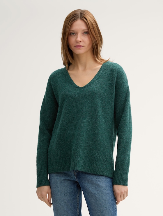 Relaxed gebreide trui met V-halslijn door Denim Female, Midnight Forest Green Mélange