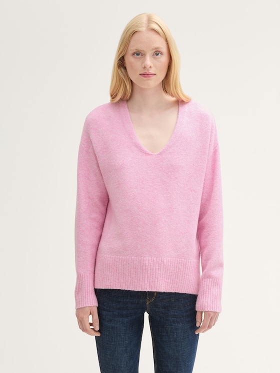Pull en maille décontracté à col en V par Denim Female, soft pink melange