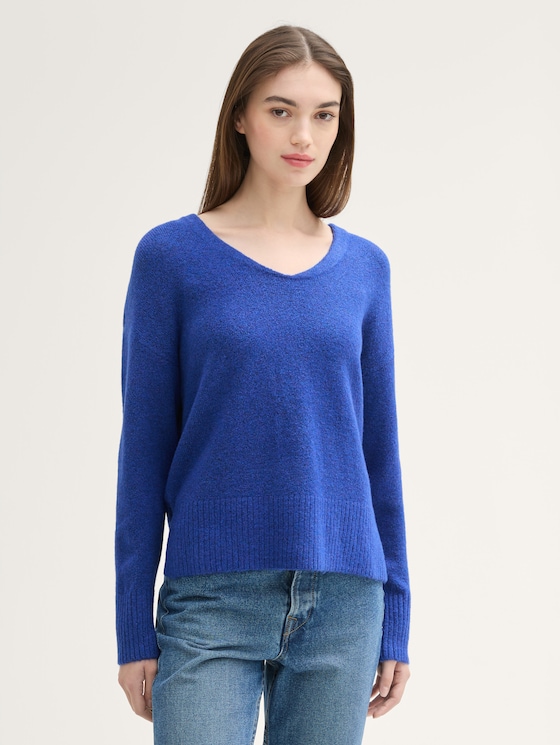 Relaxed Strickpullover mit V-Ausschnitt von Denim Female, anemone blue melange