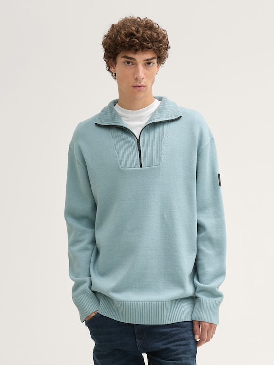 Relaxed Troyer Strickpullover aus Baumwolle von Denim Male, light grey mint