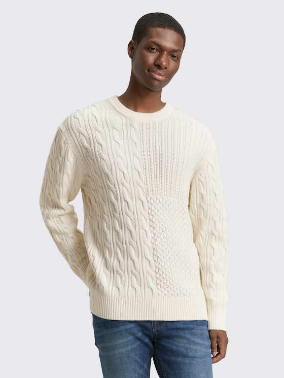 Relaxed Pullover mit Zopfmuster von Denim Male, Wool White