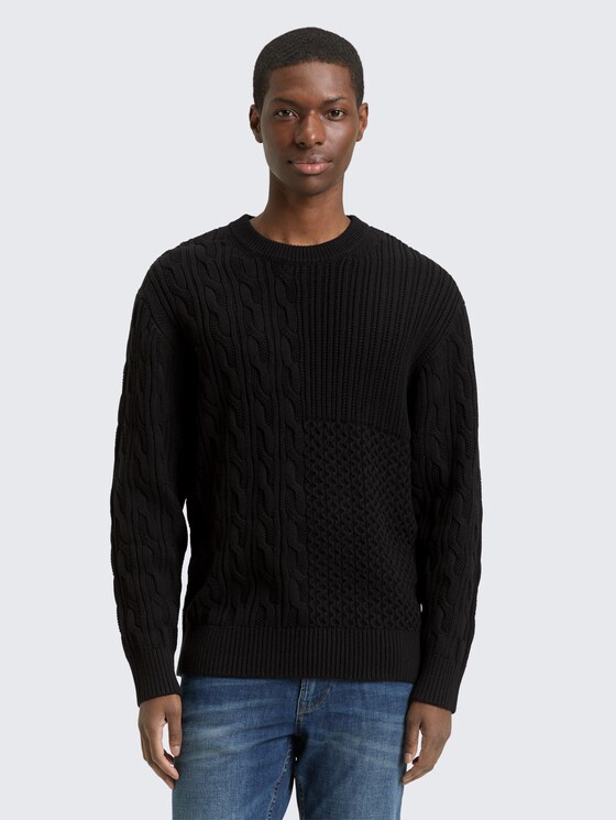 Relaxed Pullover mit Zopfmuster von Denim Male, Black