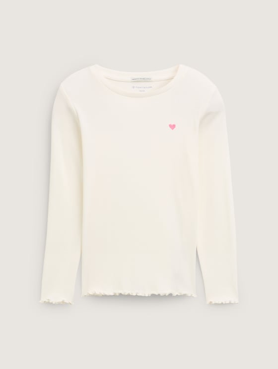 Ripp Langarmshirt mit Stickerei von Mini Girls, Wool White