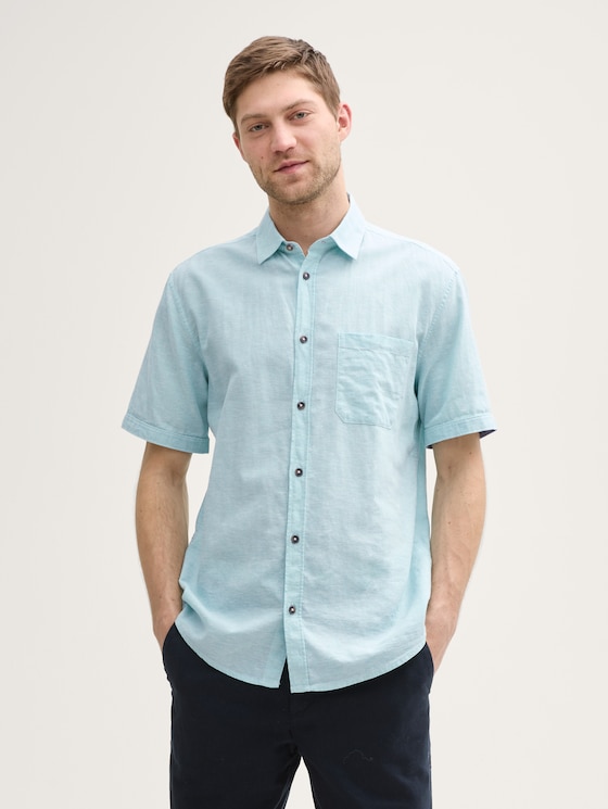 Regular Fit Kurzarmhemd mit Leinenanteil von Men, pastel turquoise chambray