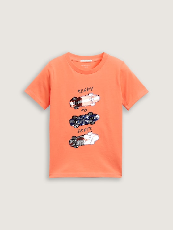 T-shirt met omkeerbare pailletten door Mini Boys, vibrant coral