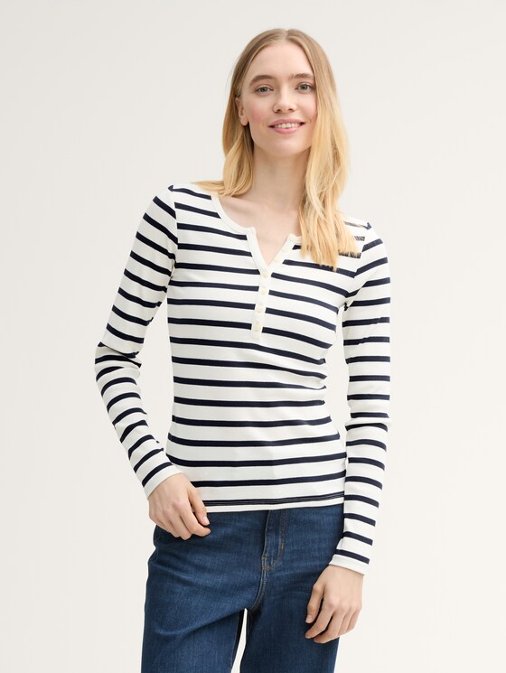 Slim Fit Henley Langarmshirt von Denim Female, white navy stripe