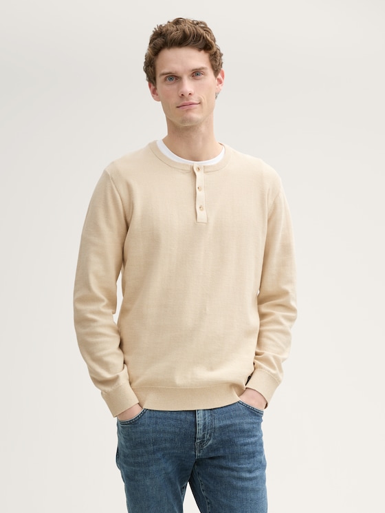 Henley Strickpullover aus Baumwolle von Men, light cashew tonal finestripe