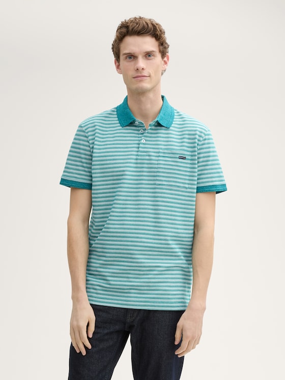 Piqué Poloshirt mit Brusttasche von Men, green white irregular stripe