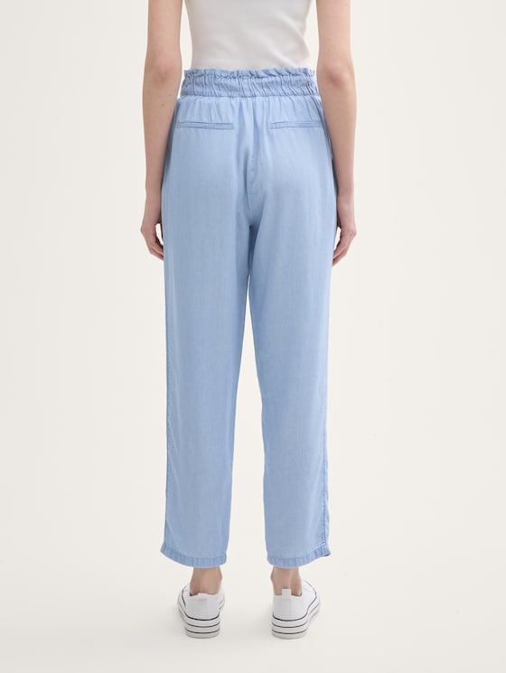 Tapered paperbag trousers by Denim Female, light stone bright blue denim