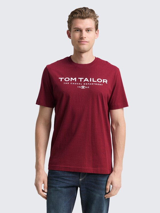 Katoenen T-shirt met logo-opdruk door Men, Cabarnet Bordeaux Red