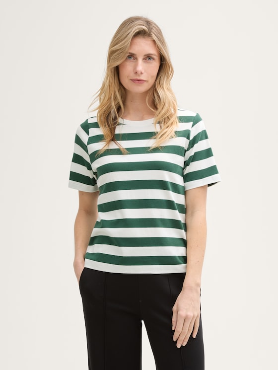 Cotton T-shirt by Women, green offwhite block stripe