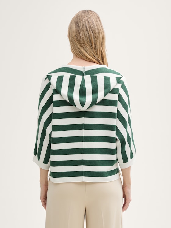 Loose fit knitted jumper with hood by Women, green melange block stripe