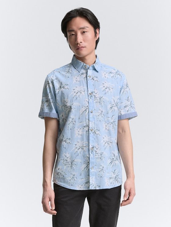 Regular Fit Kurzarmhemd mit Palmen-Print von Men, powder blue stripe palm design
