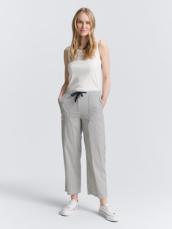 Seersucker culotte trousers with drawstring by Women, navy seersucker stripe