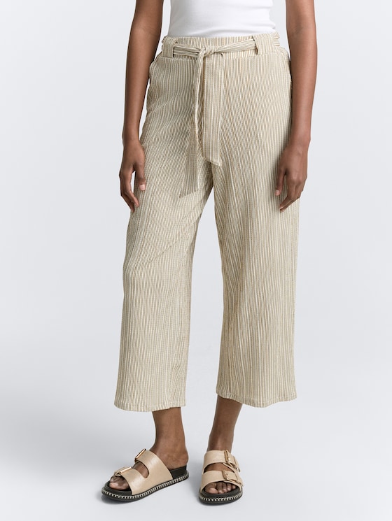 High waist culotte trousers with tie belt by Denim Female, vertical green white stripe
