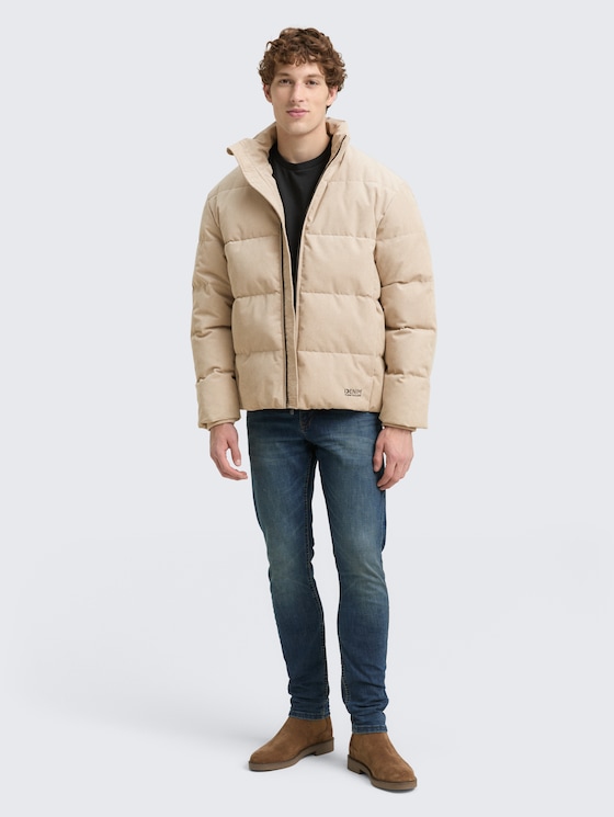 Corduroy puffer jacket with stand-up collar by Denim Male, Cashew Beige