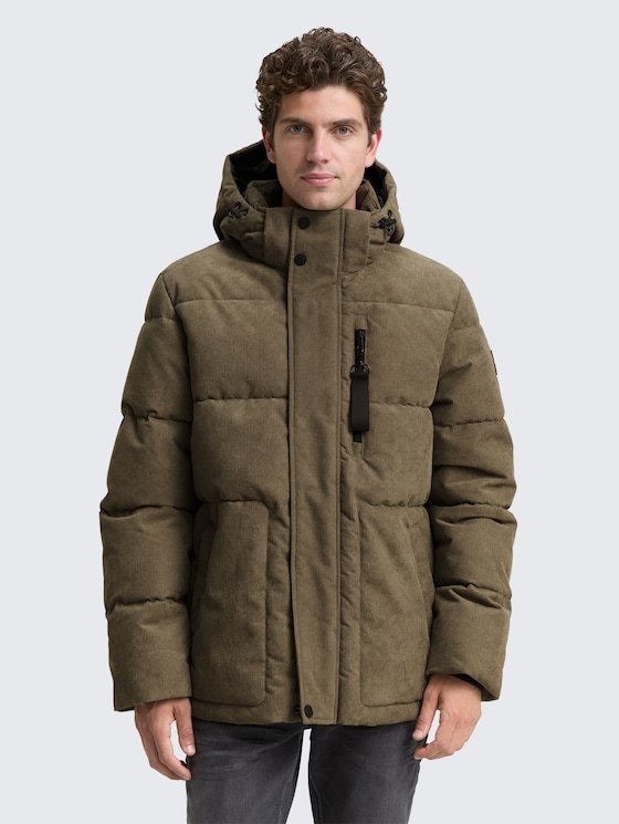 Cord Puffer-Jacke mit abnehmbarer Kapuze von Men, smokey olive green