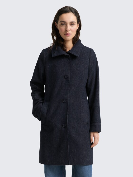 Wool coat with stand-up collar by Women, navy heringbone