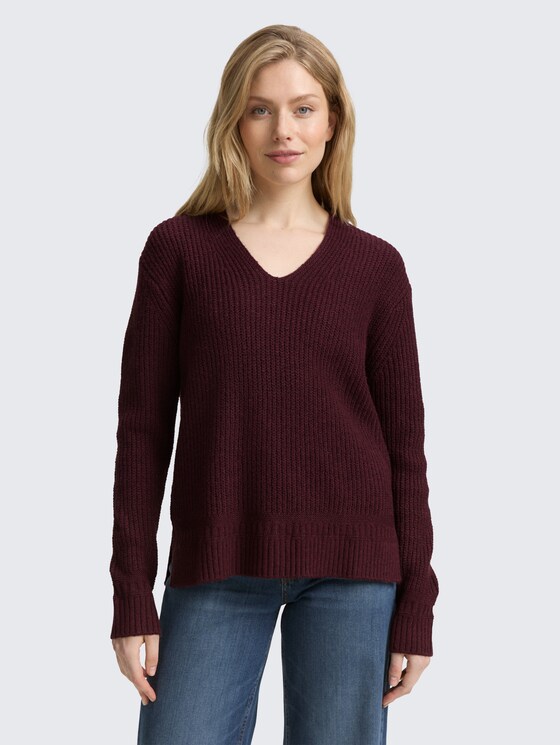 Strickpullover mit V-Ausschnitt von Women, Dark Red Mélange