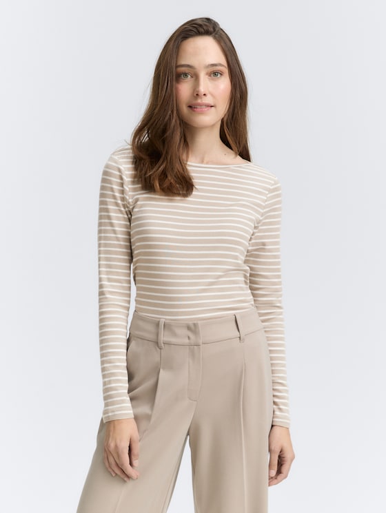 Long-sleeved shirt in a striped pattern by Women, taupe offwhite tee stripe