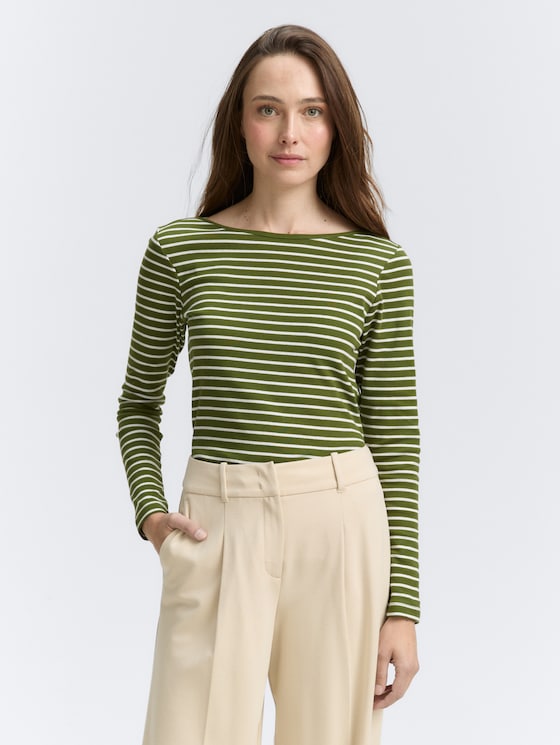 Long-sleeved shirt in a striped pattern by Women, green offwhite tee stripe