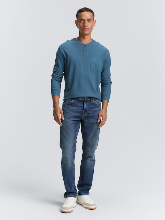 Ripp Henley Langarmshirt mit Brusttasche von Men, real teal blue