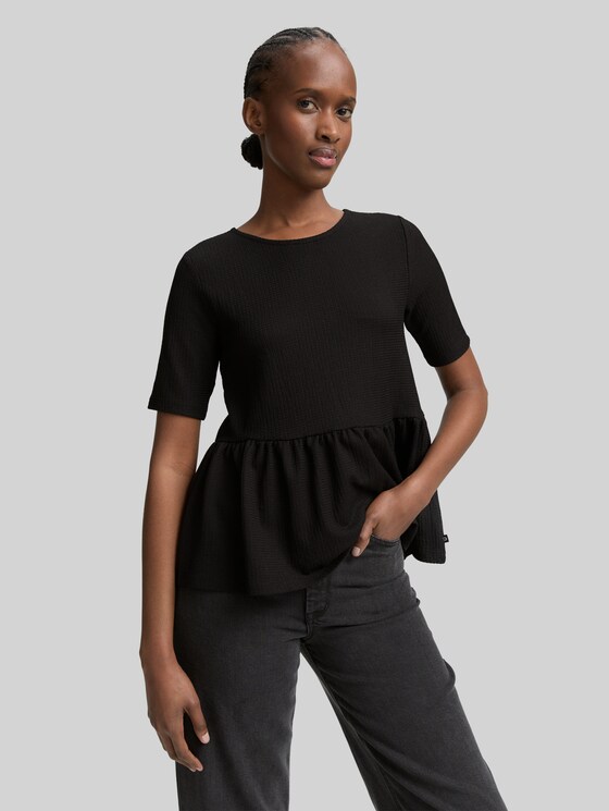 Jacquard T-shirt with peplum in black by Tom Tailor
