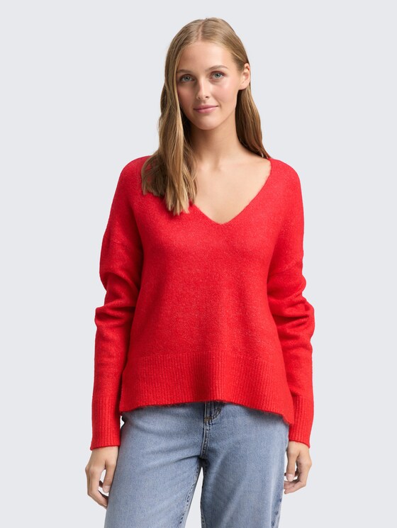 Pull en maille coupe décontractée avec encolure en V par Denim Female, brilliant red