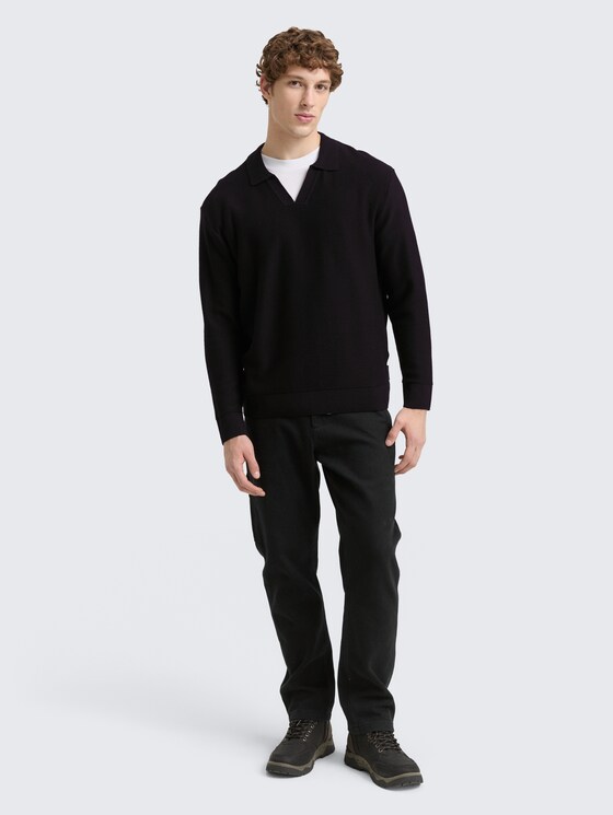 Relaxed fit knitted polo shirt by Denim Male, Black