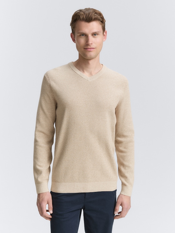 Strickpullover mit V-Ausschnitt aus Bio-Baumwolle von Men, beige offwhite twotone
