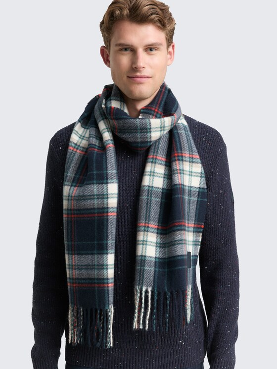 Sjaal met franjes door Men, navy multicolor check