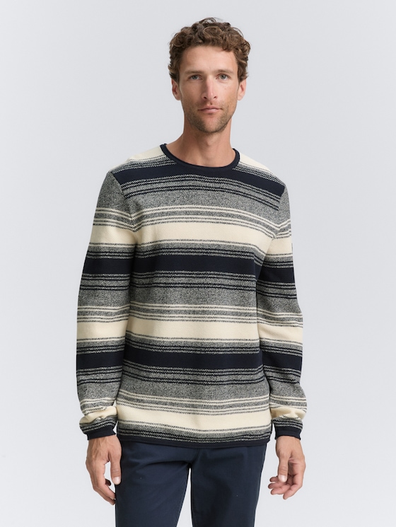Gebreide trui met streeppatroon door Men, off white navy stripe