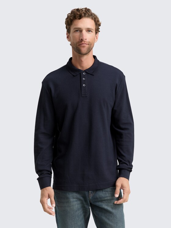 Long-sleeved polo shirt with waffle texture in blue by Tom Tailor