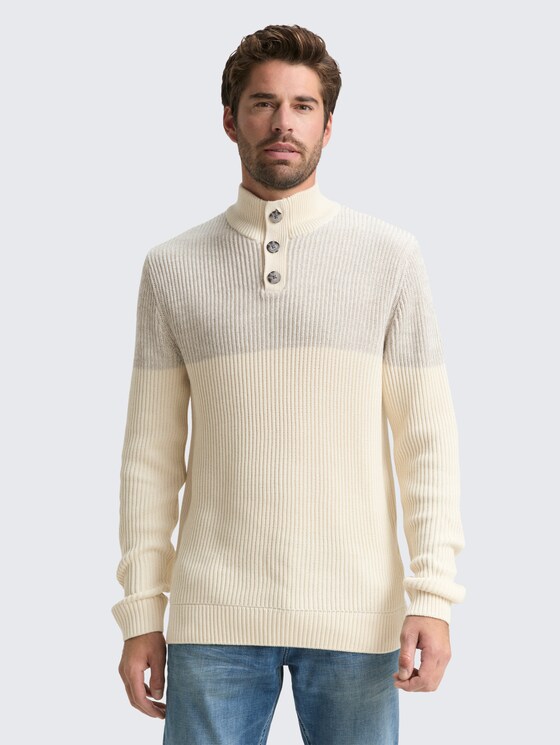 Pull-over Troyer avec patte de boutonnage par Men, offwhite grey plated mouline