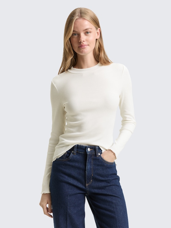 Slim Fit Langarmshirt mit Rippstruktur von Denim Female, off white