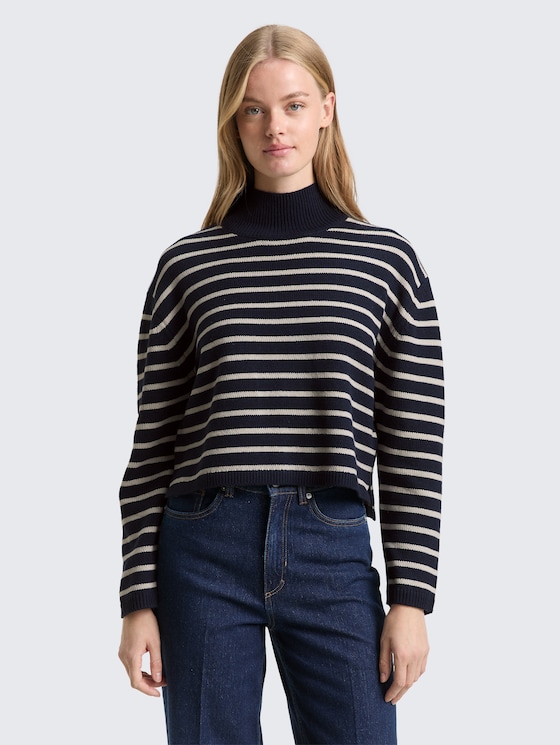 Relaxed Fit Strickpullover mit Streifenmuster von Denim Female, navy cloud grey stripe