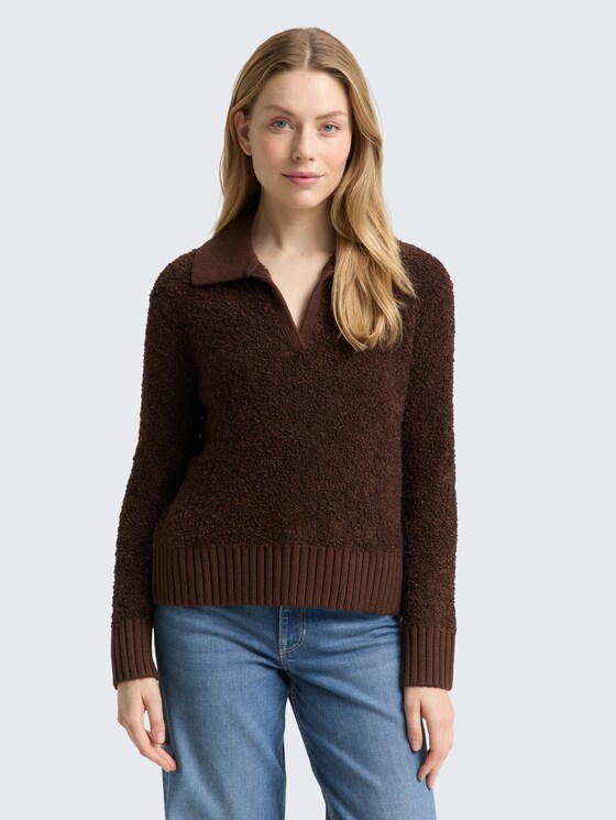 Bouclé Strickpullover mit Kragen von Women, dark pecan brown melange