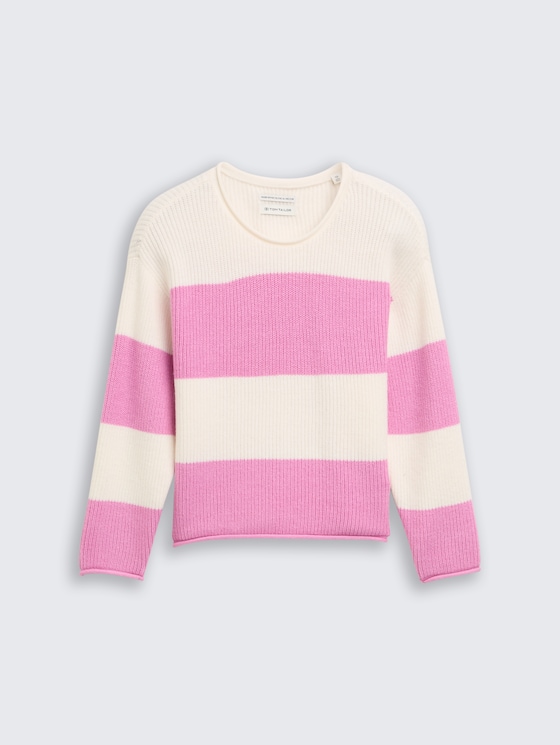Pull court en maille par Mini Girls, pink ecru block stripe