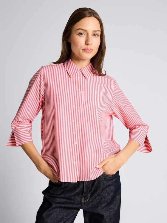 Popeline overhemdblouse met 3/4-mouwen door Women, soft coral white thin stripe