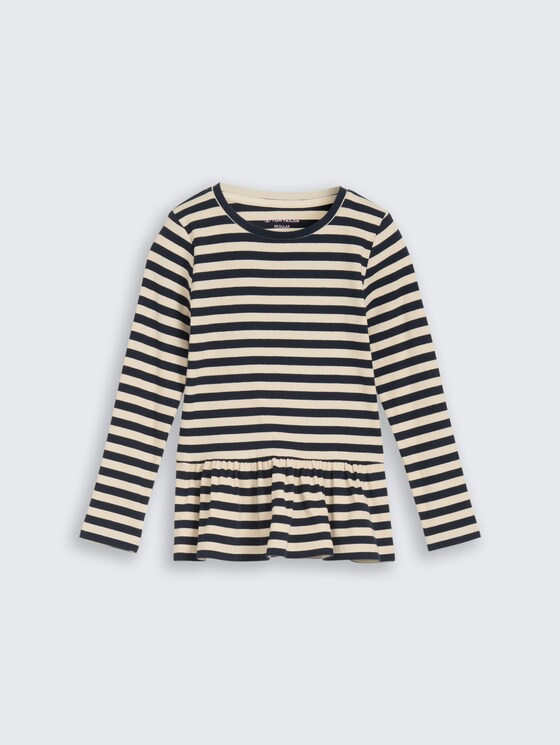T-shirt à manches longues avec structure côtelée et volant par Mini Girls, dark blue off white stripe