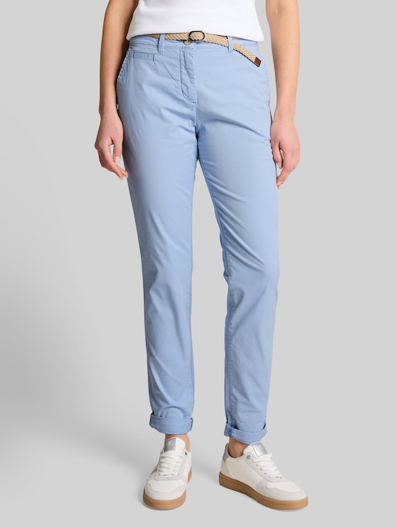Slim chino trousers with belt in blue by Tom Tailor