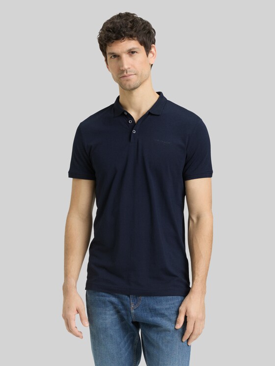 Fitted polo shirt with logo print in blue by Tom Tailor