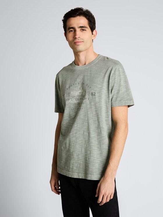 T-shirt in melange look with print by Men, Greyish Shadow Olive
