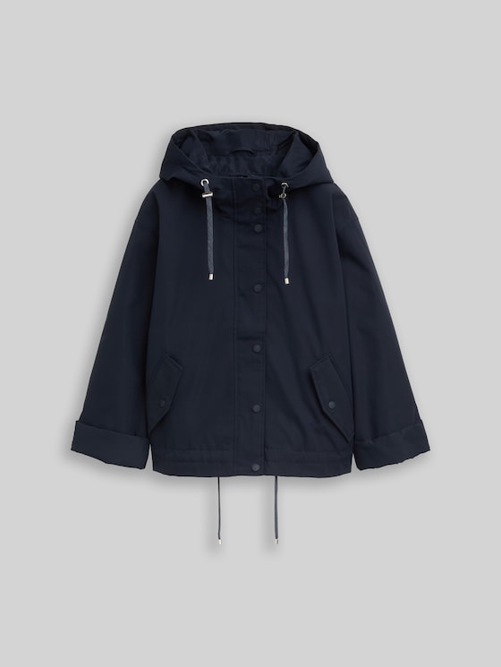 Ultralight short parka made from water-repellent material in blue