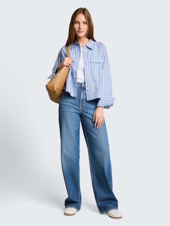 Boxy-fit cotton shirt blouse in blue by Tom Tailor