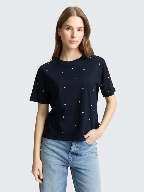Boxy Fit T-Shirt mit Herz-Stickerei von Denim Female, navy pink heart embroidery