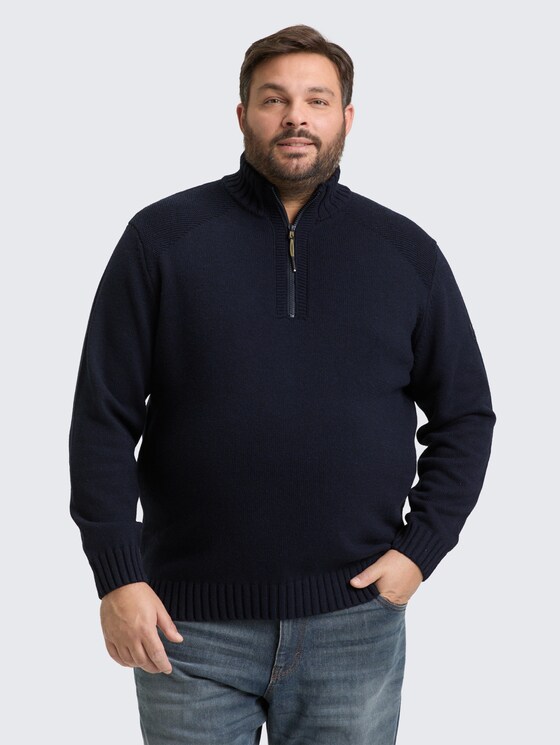 Plus Size - Troyer Strickpullover mit Ripp-Details von Men Plus Size, Knitted Navy Melange