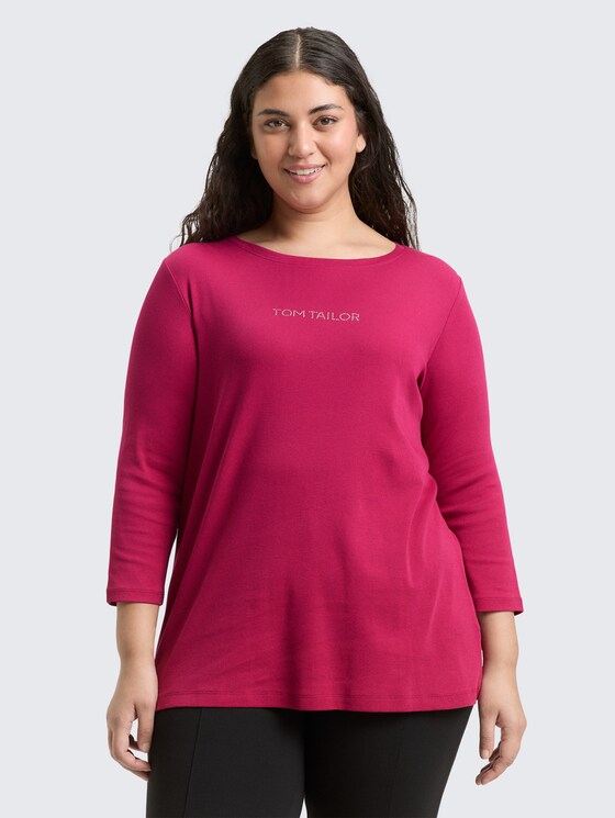 Plus Size - Slim Fit Langarmshirt mit Glitzer-Logo von Women Plus Size, dark pink